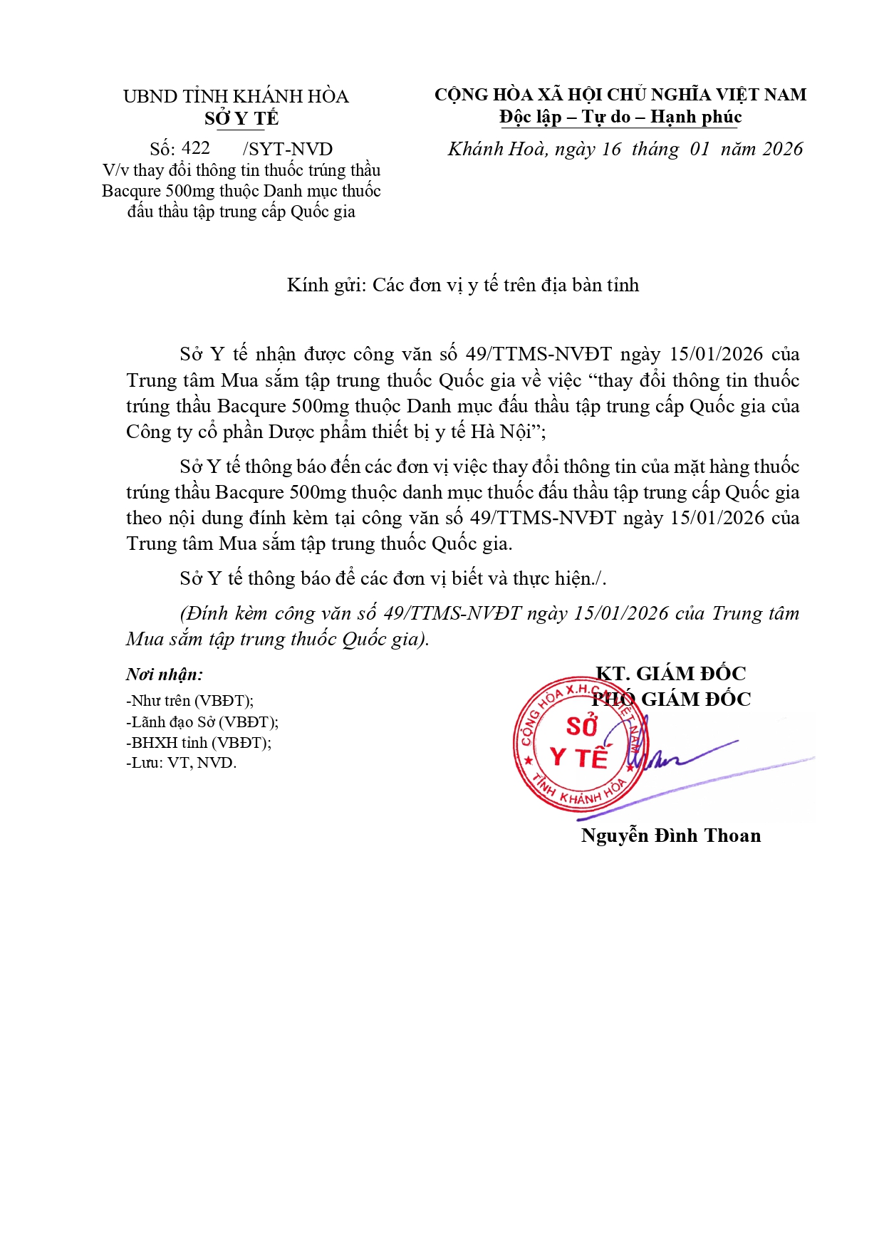 V/v thay đổi thông tin thuốc trúng thầu Bacqure 500mg thuộc Danh mục thuốc đấu thầu tập trung cấp Quốc gia